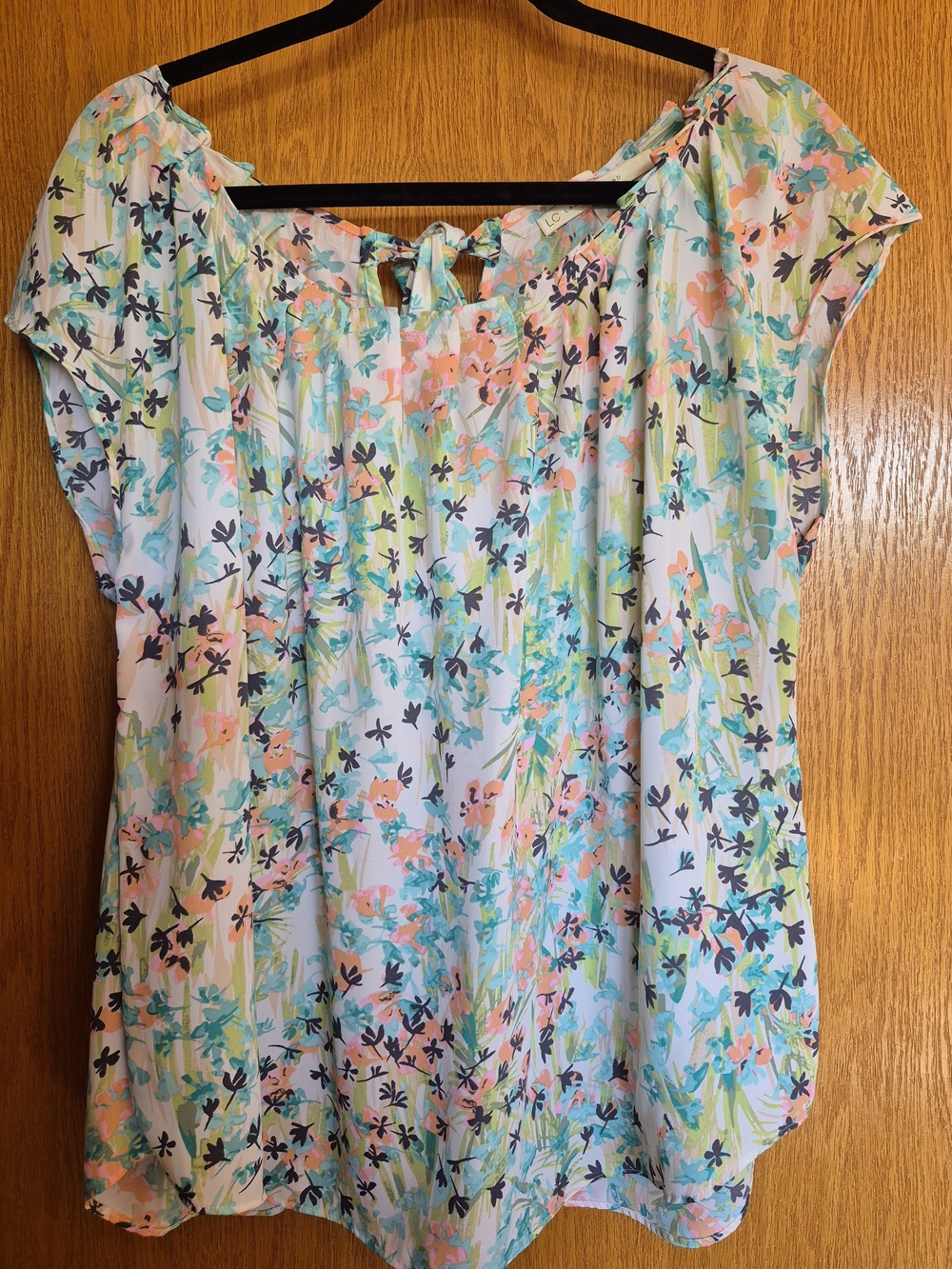 LC Lauren Conrad Pastel Floral Tie-Back Cap Sleeve Blouse in Aqua, Peach & Navy